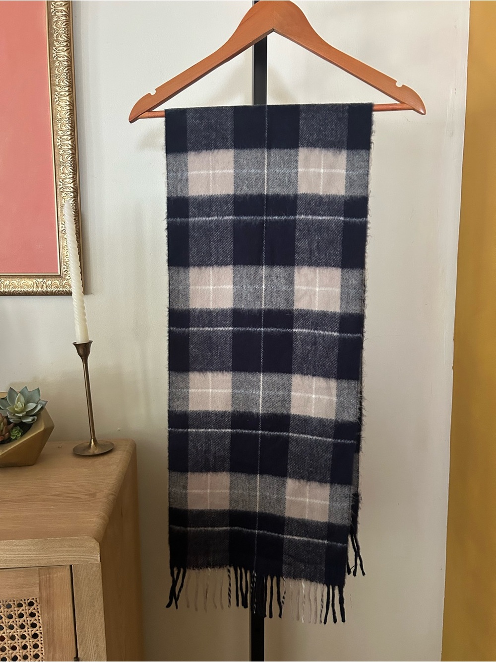 Vintage Royal Rossi 100% Mongolian Cashmere Scarf Plaid Fringe Navy Blue Beige